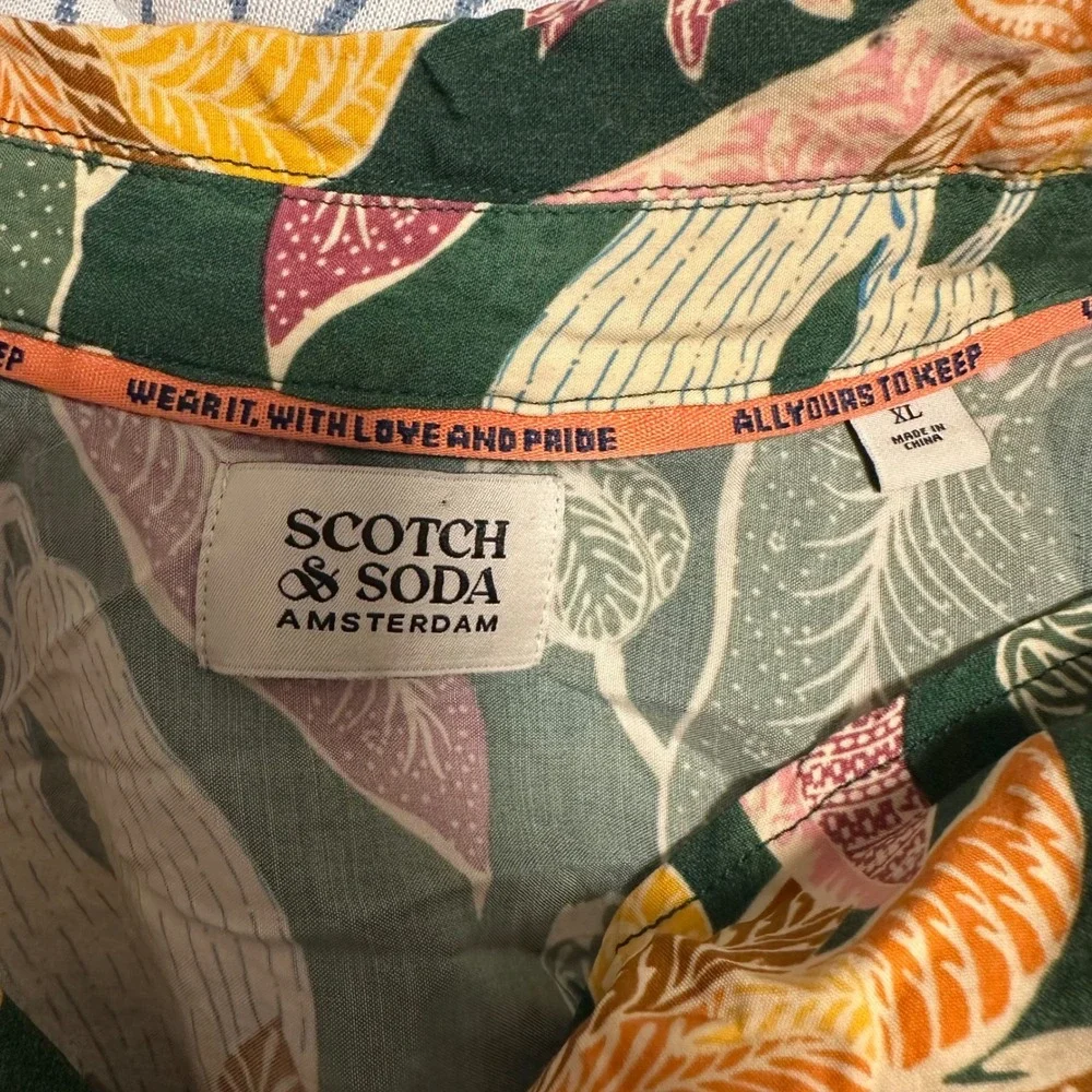 Scotch & Soda Amsterdam Mens XL Tropical Botanical Viscose SS Loop Collar Shirt